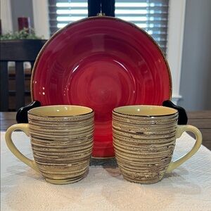 Thomson Pottery Serving Bowl and 2 Thomson Pottery Birch Mugs
